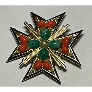 Maltese Cross Brooch Faux Coral Green Cabochons Signed MX233 Repair